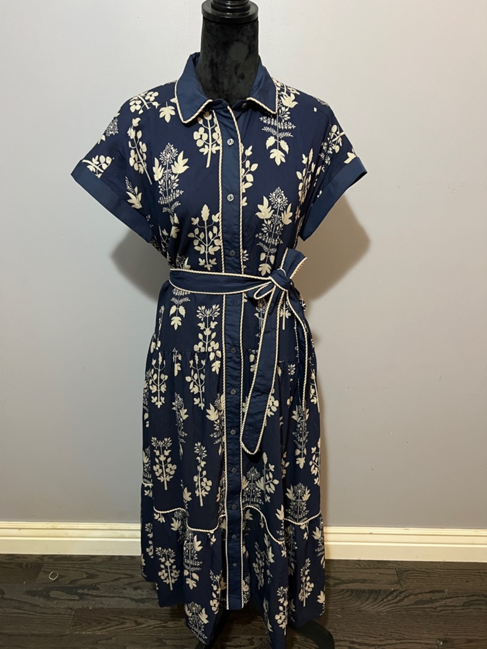 Navy Floral Tie-Waist Shirt Dress
